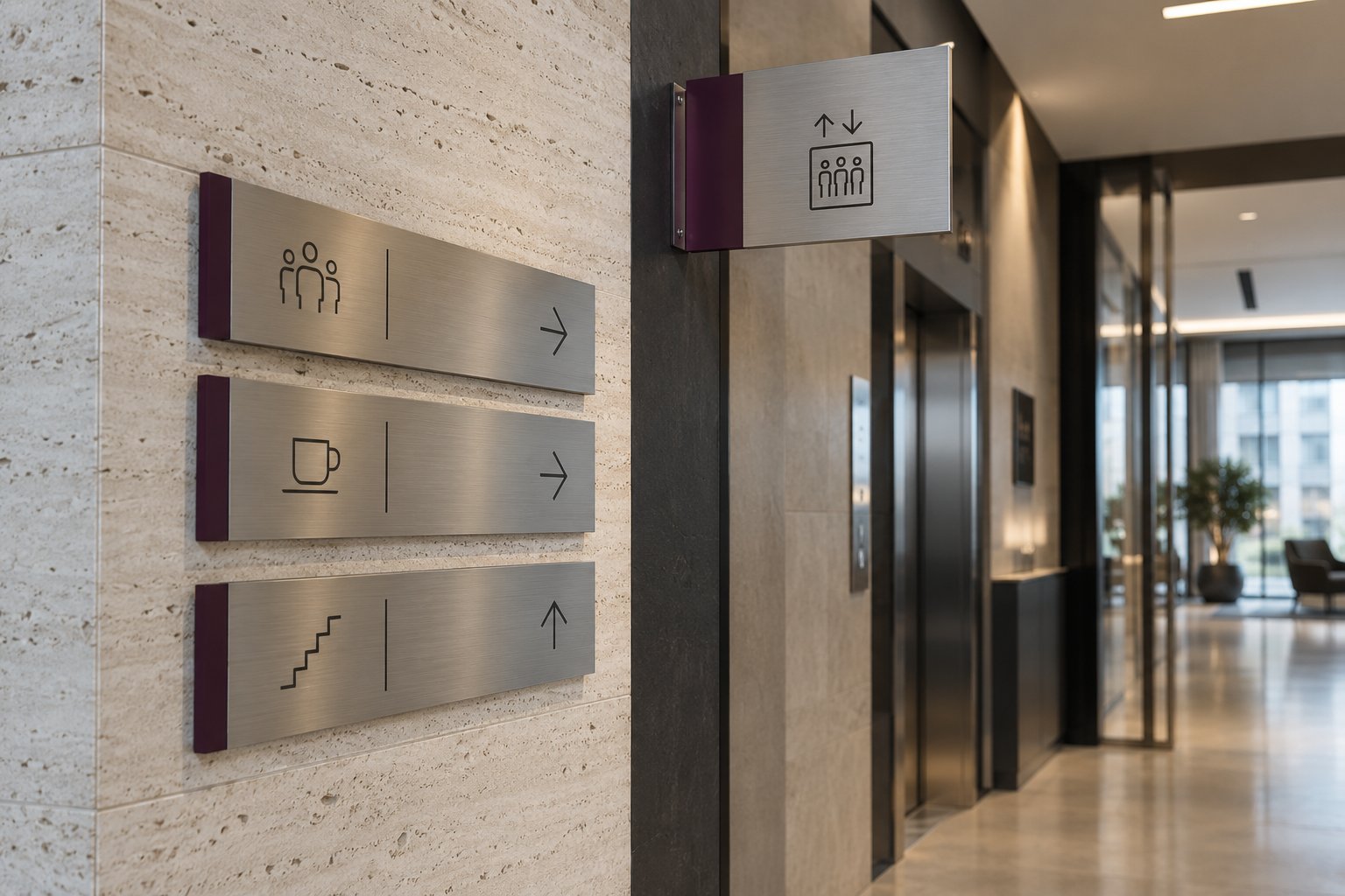 Modern ofis koridorunda fırçalı metal duvar ve çıkma yönlendirme panoları; temsili görsel